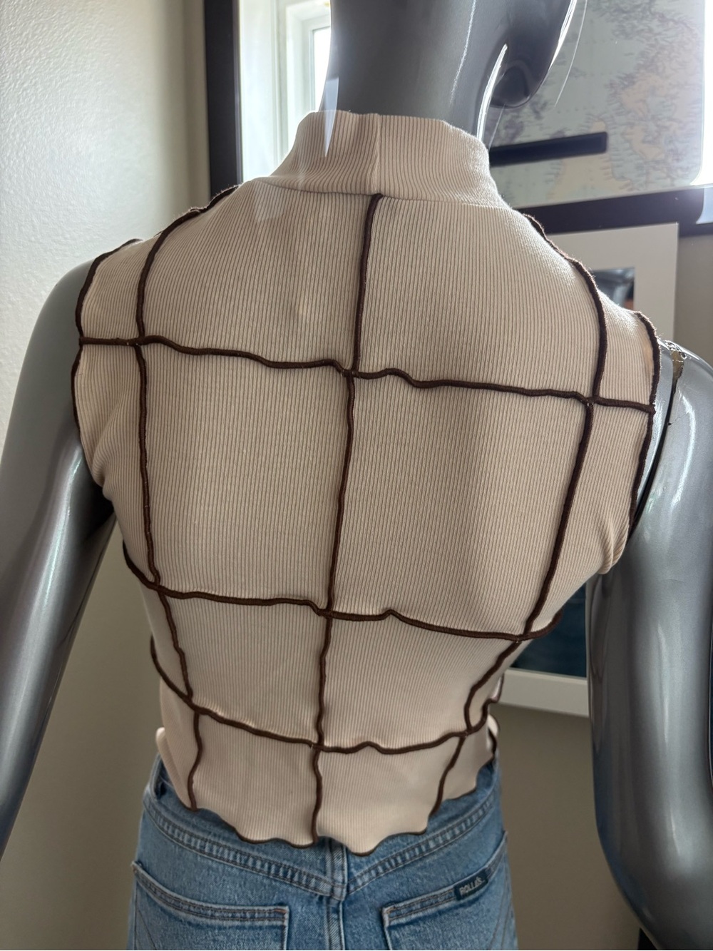 Mock Neck Cream Crop Top with Brown Grid Trim - Picture 2 of 5